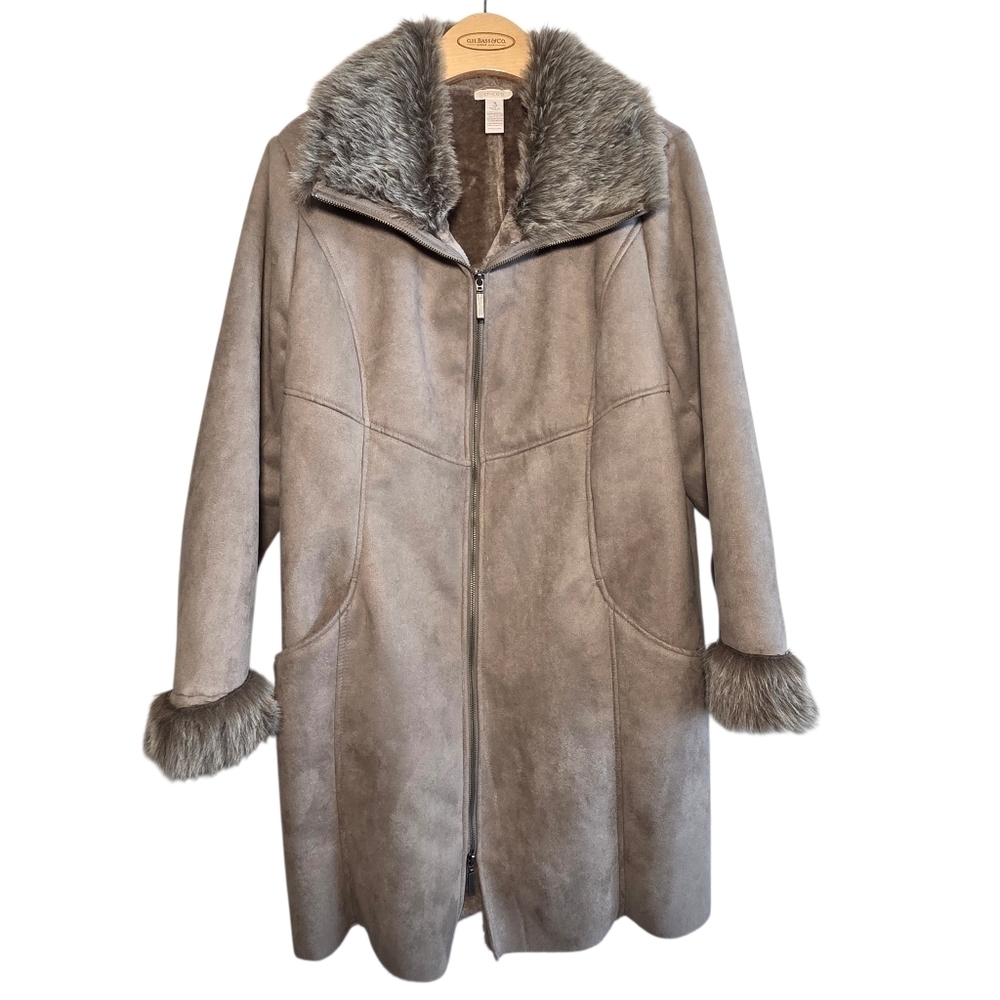 Chico's Gray Faux Suede Fur Longline Winter Coat Sz 3/XL/16 Classic Elegant Chic